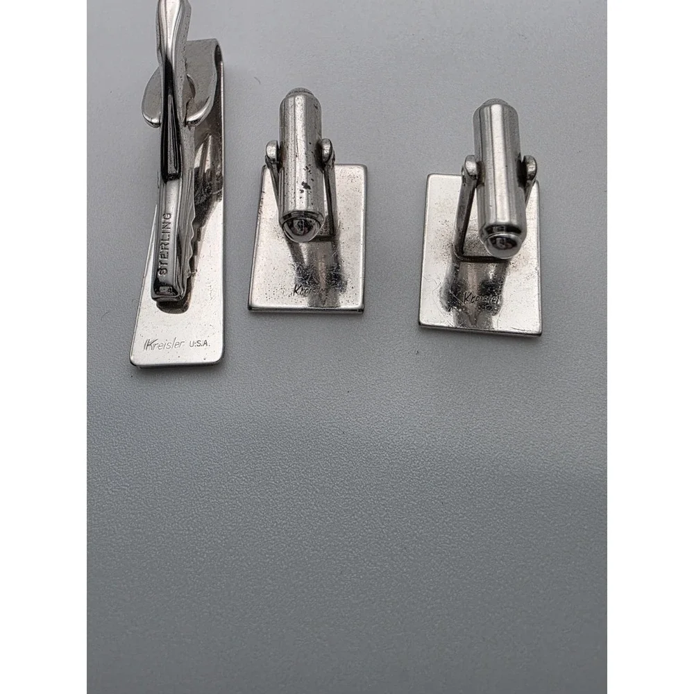 Vintage KREISLER USA Cufflinks‎ Tie Clip/Bar Set 925 Sterling Silver & Black